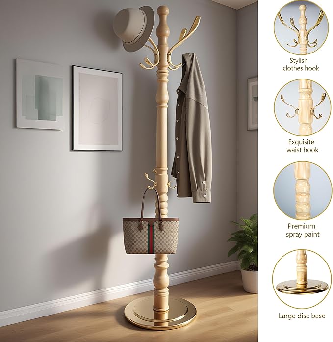 73”Vintage Wooden Coat Rack Freestanding，With 14 Hooks and Sturdy Round Base.Sturdy and Durable Standing Coat Racks，Adjustable Wooden Freestanding Coat Rack for Corridors, Offices, Porch (Natural)