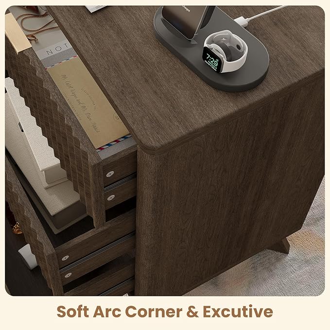 30" Tall Fluted NightStand,3 Drawers End Table with Charging Station,Modern Side Table with Storage, Night Stand Wood Bedside Tables for Bedroom,Curved Profile Design,Walnut