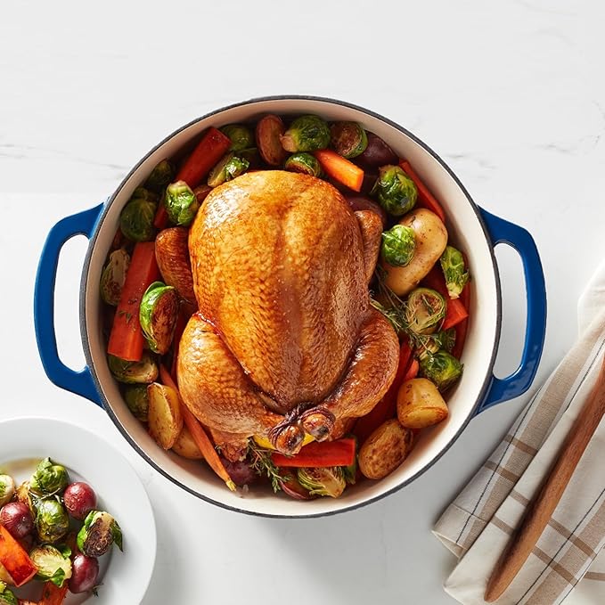 Amazon Basics Cast Iron Dutch Oven Pot with Lid, Enameled, Round, Dual Handles, Heavy-Duty, Small, 7.3-Quart, Navy