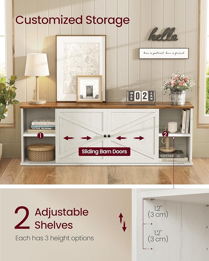 VASAGLE Farmhouse TV Stand for TVs up to 80 Inches, Entertainment Center with Storage Cabinets and Sliding Barn Doors, Media Console Table for Living Room, Rustic White and Honey Brown ULTV537W01