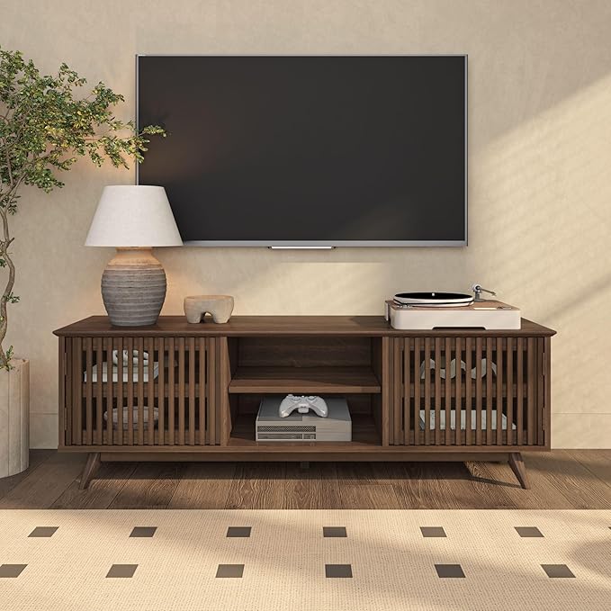 Plank+Beam Mid-Century Modern Wood TV Stand, Solid Wood Entertainment Console with Storage, 59" L x 16" W x 19" H, Walnut