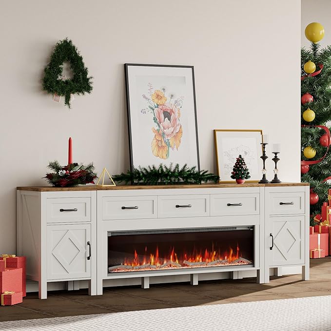 Modern TV Stand with Fireplace for TVs Up to 95 Inch,Entertainment Center with 50" Electric Fireplace,88" TV Console with Storage Cabinet Drawers for Living Room(Off White)