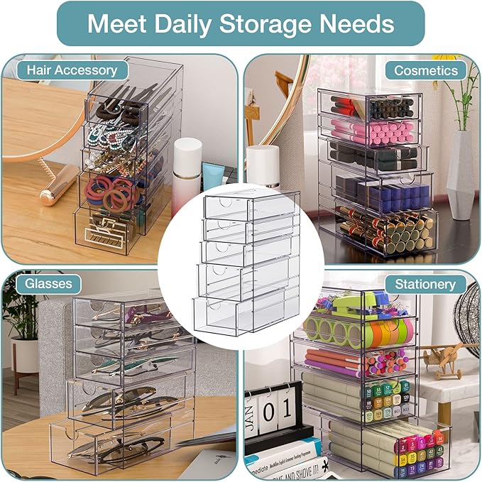 Noverlife Clear Containers for Hair Accessory Organizing, Plastic Hair Accessory Organizer Box with 5 Drawers, Hair Accessory Container, Storage Organization Drawers Set for Hair Ties Accessory