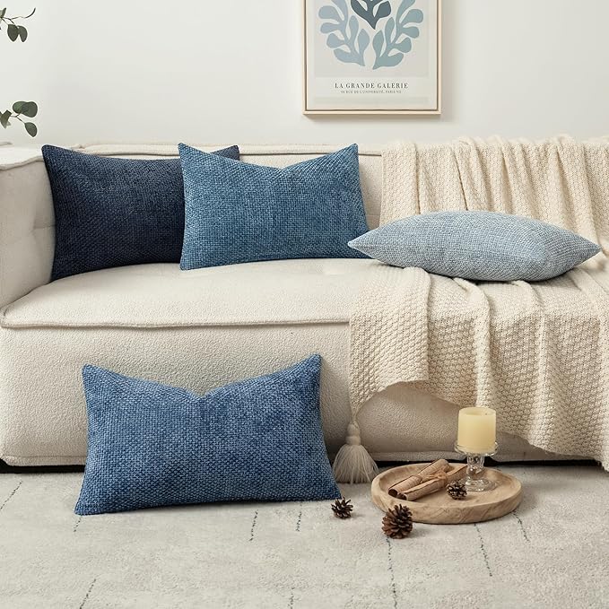 MIULEE Pack of 4 Couch Throw Pillow Covers 12x20 Inch Neutral Blue Soft Decorative Chenille Pillow Covers Farmhouse Accent Cushion Covers for Boho Western Home Coastal Decor Sofa Bedroom Living Room