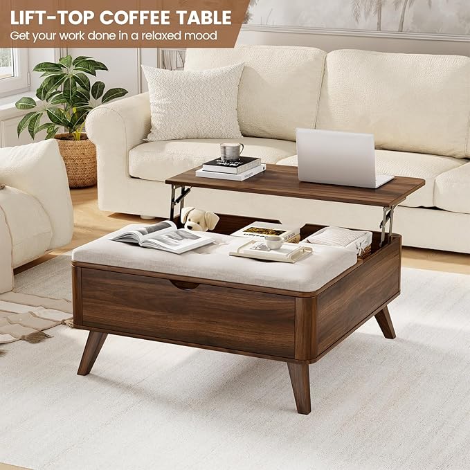 VOPEAK Lift Top Coffee Table with Storage, Large Square Coffee Table with Thickened Cushion, Family Gathering Center Table, Modern Wooden Coffee Tables for Living Room, Solid Wood Legs, Walnut