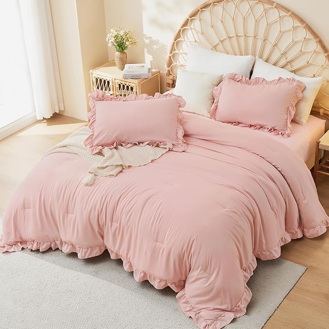 Litanika Blush Pink Ruffle King Bed Comforter Set, 3 Pieces Girls Women Cute Bedding Comforters & Sets, Lightweight Fluffy Microfiber Down Alternative (104x90In Comforter & 2 Pillowcases)