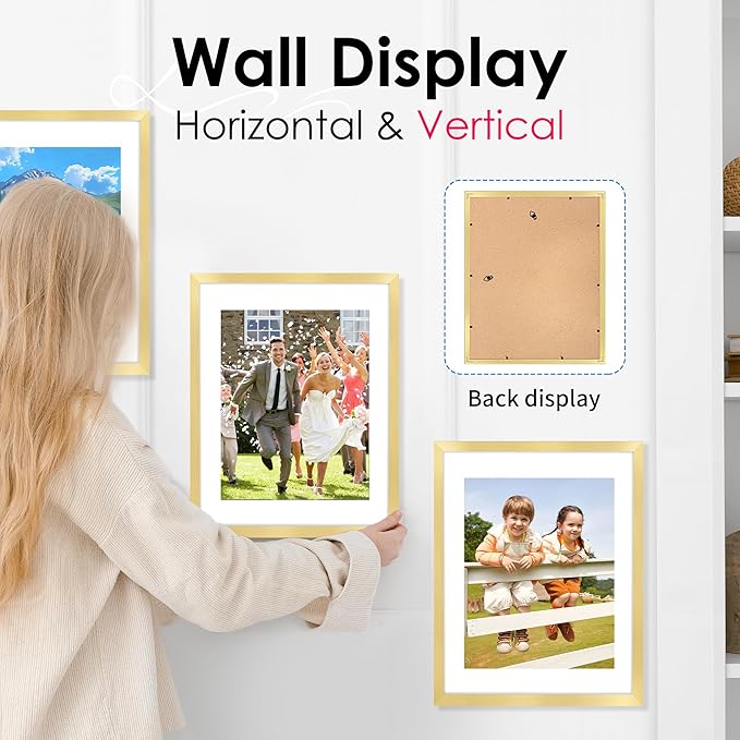 FIXSMITH 11x14 Picture Frame Set of 2, Photo Frame with HD Plexiglass, Display Pictures 8x10 with Mat or 11x14 Without Mat, Gold Picture Frames Collage Wall Decor, Gallery Wall Frame