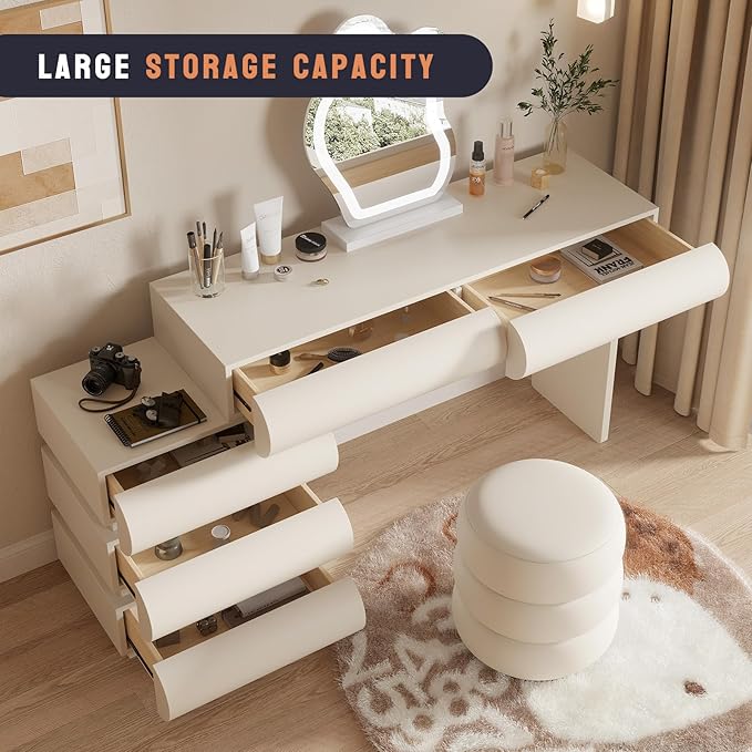 Makeup Vanity Desk with Mirror and Lights, Luxury Dressing Table with Free Retractable Side Cabinet, Microfibre Leather Wrapped Vanity Set with 5 Solid Wood Drawers, Stool-39.4in / White