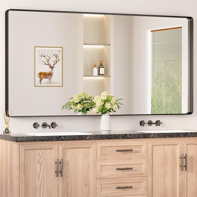 Keonjinn Black Bathroom Mirror for Over Sink, 72” x 36” Large Rounded Rectangle Bathroom Vanity Mirror, Matte Black Farmhouse Wall Mirror, HD Tempered Glass, Seamless Metal Frame(Horizontal/Vertical)