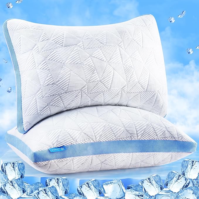 BETU Cooling King Size Pillows Set of 2, Shredded Memory Foam Cool Pillows for Hot Sleepers, Adjustable Firm Soft Support Bed Pillows Perfect for Back Neck Pain and Side Sleeping with Cover, Blue