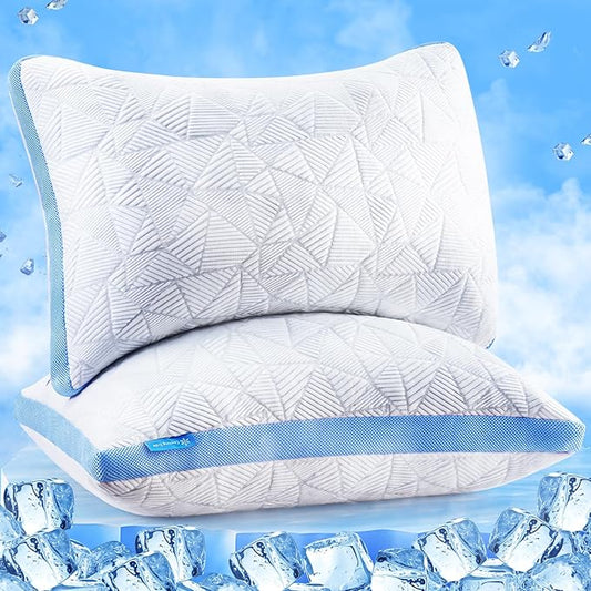 BETU Cooling King Size Pillows Set of 2, Shredded Memory Foam Cool Pillows for Hot Sleepers, Adjustable Firm Soft Support Bed Pillows Perfect for Back Neck Pain and Side Sleeping with Cover, Blue