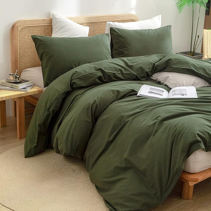 BESTOUCH Duvet Cover Set 100% Washed Cotton Linen Feel Super Soft Comfortable Chic Lightweight 3 PCs Home Bedding Set Solid Olive Green Oversized King