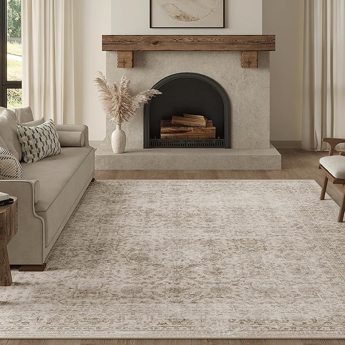 FMFUNCTEX 9x12 Washable Area Rug Beige Vintage Neutral Distressed Large Non Slip Carpet for Living Room Bedroom Soft Low Pile Indoor Mat Retro Floral Throw Rug for Dining Room Kitchen Office Nursery