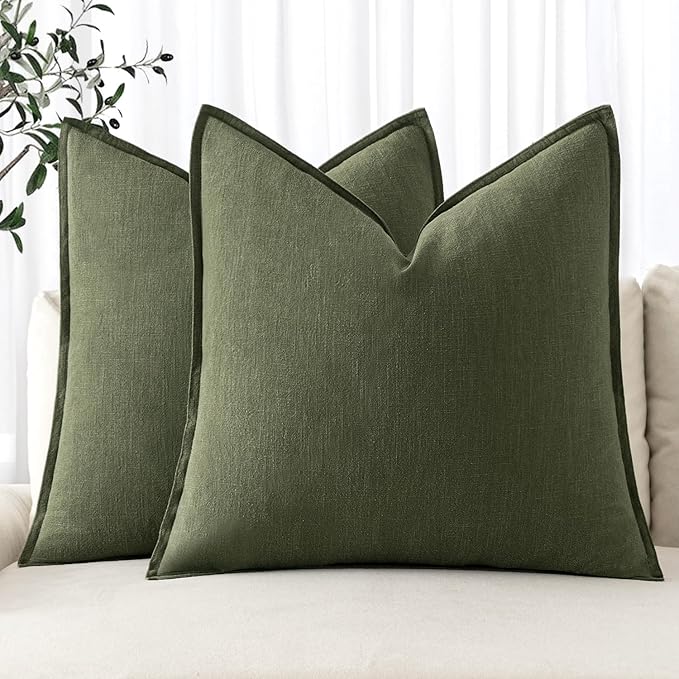 MIULEE Decorative Linen Pillow Covers 16x16 Inch Dark Olive Green Boho Farmhouse Neutral Couch Throw Pillows for Bed Pack of 2 Accent Modern Pillowcase Sofa Livingroom Home Decor