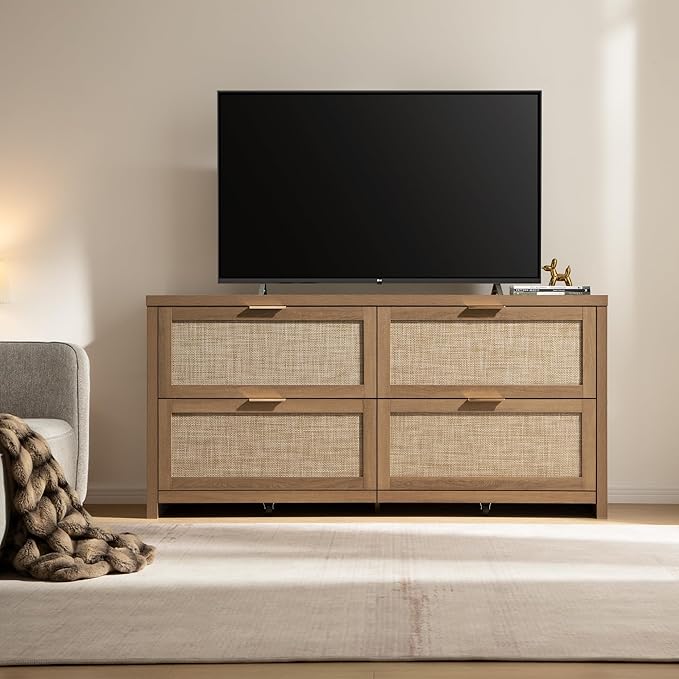 SICOTAS 60.8" Dresser for Bedroom, Rattan Boho Dresser with 4 Deep Drawers, Large Chest of Drawers for Closet,Nursery,Dressers TV Stand for Bedroom (Reclaimed Caramel Oak, 4 Drawers (1 pc))