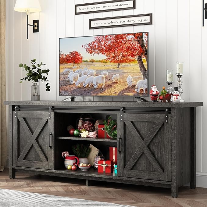 58" Farmhouse TV Stands for 55 60 70 inch TV w/Adjustable Shelves,Sliding Barn Door.Wooden Entertainment Center,TV Console Cabinet with Storage for Bedroom Living Room(Dark Grey)