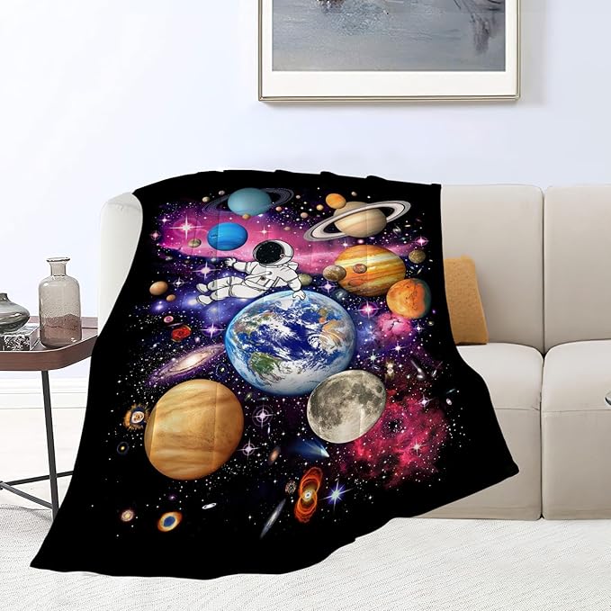 Space Blanket Galaxy Astronaut Throw Blankets Cozy Fleece Flannel Blanket Soft Warm Plush Lightweight Solar System Gifts Bedding for Boys Girls Teens Kids Adults for Couch Sofa Bed 50"X60"