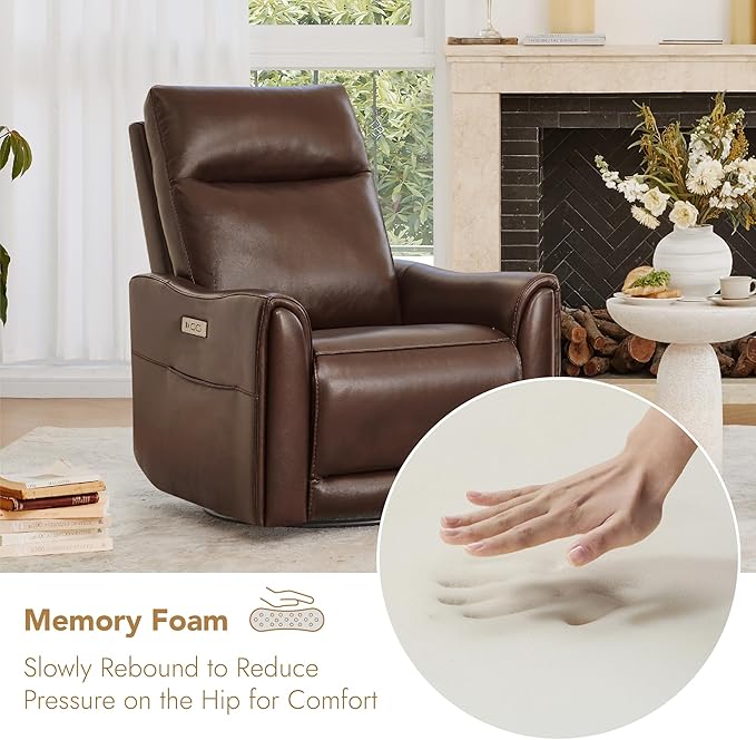 Watson & Whitely Genuine Leather Power Recliner Chairs for Adults, Swivel Glider Recliner Chair for Living Room with Charging Ports, Dark Brown