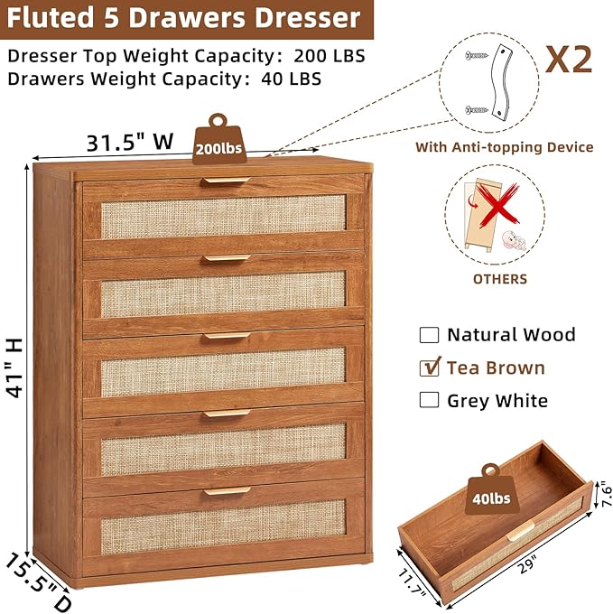 LEYAOYAO Dresser for Bedroom, 41" Tall Chest of Drawers, Modern 5 Drawers Boho Rattan Dressers with Storage, Dresser Wooden Closet Organizer for Living Room, Hallway, Tea Brown
