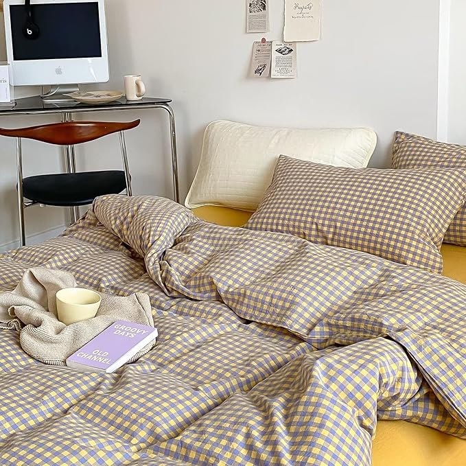 mixinni Yellow/Purple Gingham Comforter Set Queen, Plaid Comforter Set 3 Pieces 1 Vintage Grid Comfoter with 2 Pillow Cases for All Seasons, Soft Fluffy Modern Grid Pattern Printed Bedding-Queen Size