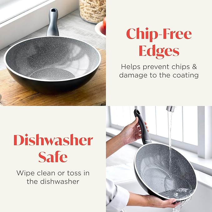 Rigoletto 11” Nonstick Wok Pan, Made in Italy, Vesuvio Layered Ceramic PFAS-Free Surface, Induction Ready Skillet, Dishwasher & Metal Utensil Safe, Granite Finish, Stay-Cool Handle, Black