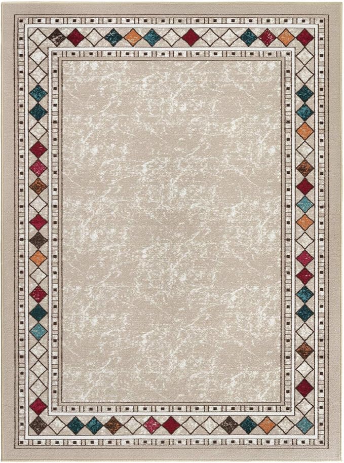 Antep Rugs Alfombras Modern Bordered 4x6 Non-Skid (Non-Slip) Low Profile Pile Rubber Backing Indoor Area Rugs (Beige, 4' x 5'8")