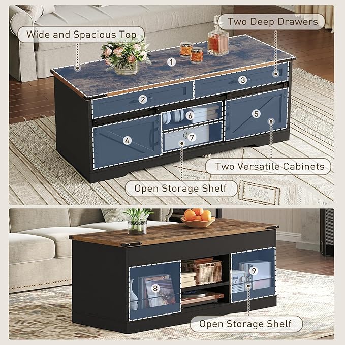 47" Farmhouse Coffee Table with Storage and 2 Drawers, Large Rustic Center Table with Sliding Barn Doors & Open Compartments, Wooden Coffee Table for Living Room, Black and Rustic Brown