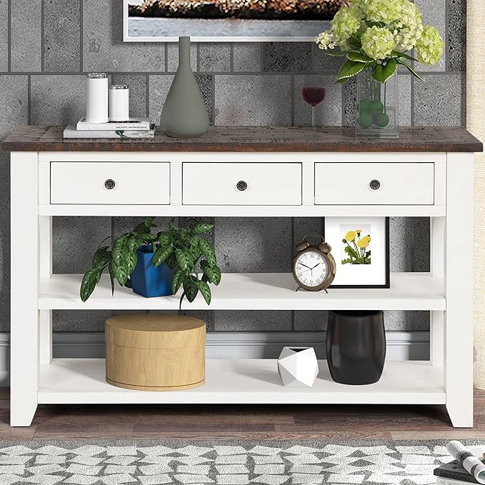 Knocbel Farmhouse Entryway Long Console Table with 3 Storage Drawers and Bottom Open Shelves, Entry Hallway Foyer Sofa Table with Handles, 29.9" H x 48.8" W x 15.8" D (Antique White and Brown)