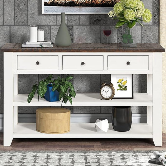 Knocbel Farmhouse Entryway Long Console Table with 3 Storage Drawers and Bottom Open Shelves, Entry Hallway Foyer Sofa Table with Handles, 29.9" H x 48.8" W x 15.8" D (Antique White and Brown)