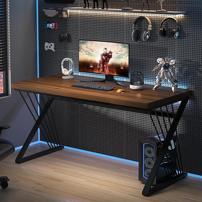 FOLUBAN Computer Desk for Home Office Workstation, Modern Writing Study Work Table, PC Gaming Table for Bedroom Living Room, Rustic Walnut, 53 Inch