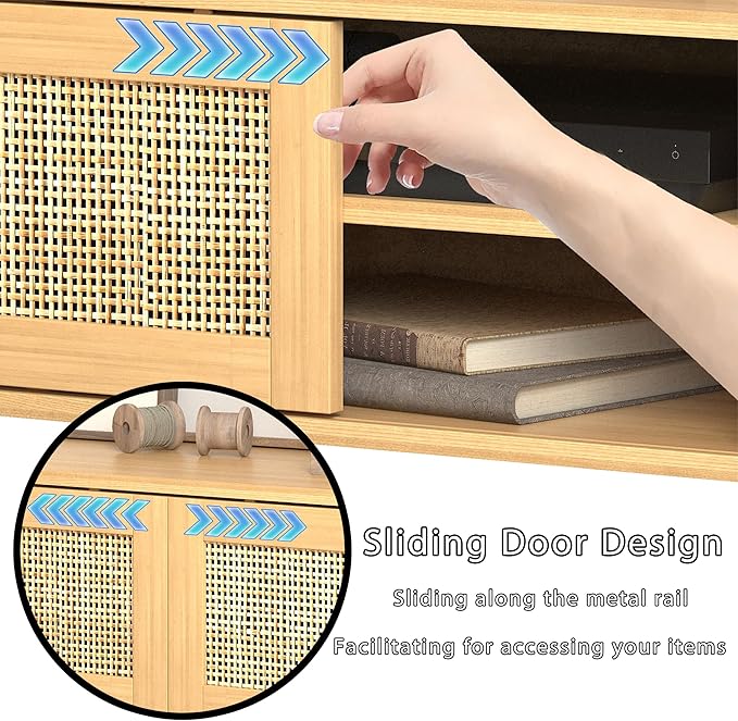 Boho TV Stand for 55 65 Inch TV, Rattan Entertainment Center with Shelves, Cabinets and Sliding Doors, TV Media Console Table with Solid Wood Feet & Cord Holes for Living Room, Bedroom, Natural