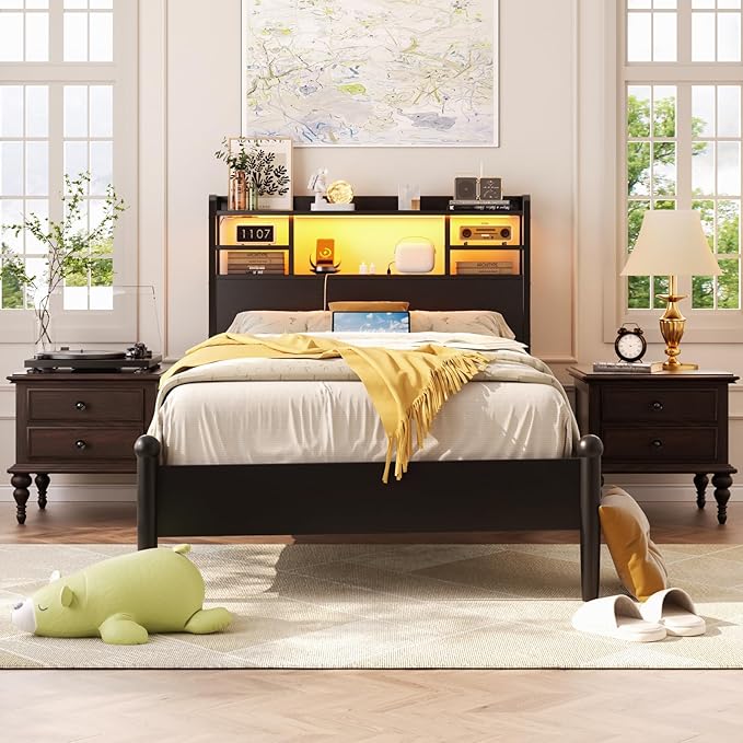 Aheaplus Headboard for Twin Size Bed with Storage, Headboards with LED Light, Power Outlets, USB Ports Twin Size Head Board, Wood headboard Only Sturdy and Stable Headboards, Modern, Black