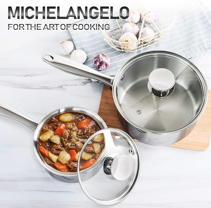 MICHELANGELO Stainless Steel Saucepan Set 1Qt & 2Qt, Premium German Technology Sauce Pans 2 Piece, 18/10 Stainless Steel Sauce Pan Set, Induction Compatible