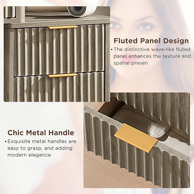 T4TREAM 48" Fluted Makeup Vanity Desk with Large 36" Mirror and Lights, Modern Glass Top Big Vanity Table w/5 Drawers & Adjustable Shelves, Dressing Table w/Charging Station for Bedroom, Grey Alder