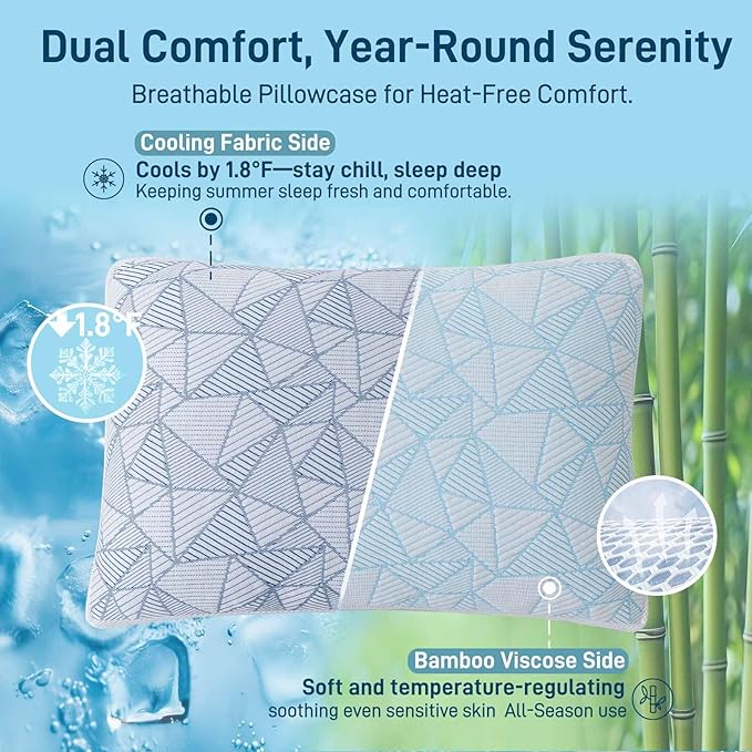 Shredded Memory Foam Cooling Soft Bamboo Viscose Pillow Queen Size, Adjustable Hypoallergenic Hotel Quality Pillow for Back, Stomach or Side Sleeper, Oeko-TEX Certified