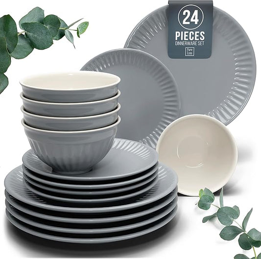 Stoneware Dinnerware Set for 8 People HYGGE 24-Piece - Elegant Scandi Design - Premium Dish Set - Bowl and Plate Set - Tableware for 8 People in a Ribbed Design - Pure Living in Gray-Blue