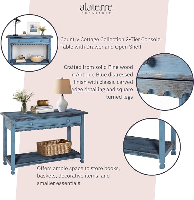 Alaterre Furniture Rustic Cottage Media Console Table, Antique Blue with 1 Drawer and 1 Shelf, Hardwood Construction, Ideal for Living Room or Entryway