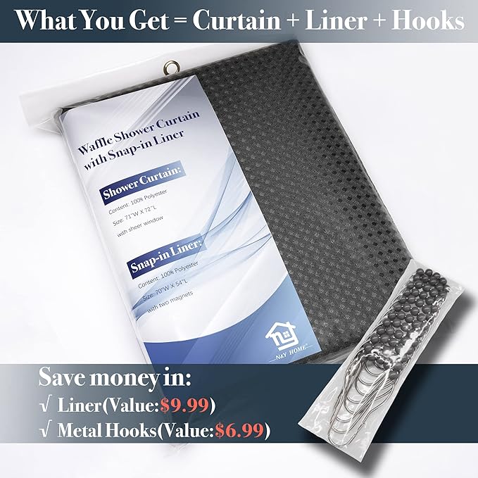 N&Y HOME Waffle Weave Shower Curtain with Snap-in Fabric Liner Set, 12 Hooks Included - Hotel Style, Water-Repellent & Washable, Heavyweight Fabric & Mesh Top Window - 71x72, Graphite Gray