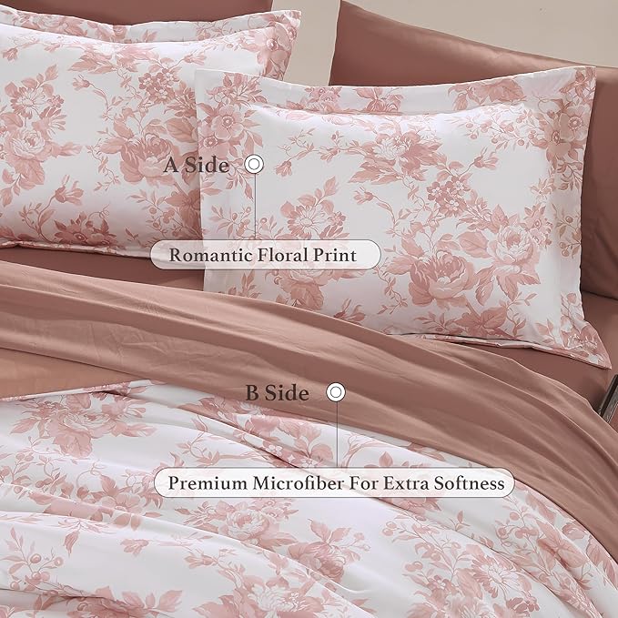 Queen Comforter Set -7 Pieces Pink Floral Comforter Set for All Seasons, Bed in a Bag Queen with Botanical Flowers Comforter, Sheets, Pillowcases & Shams