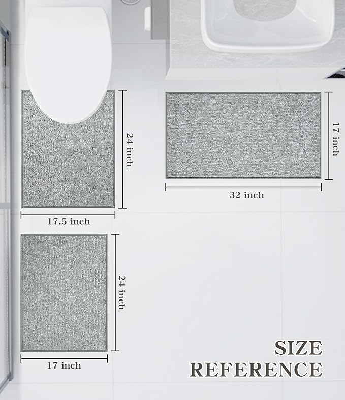 chakme Bathroom Rug Sets 3 Piece, Ultra Thin Bath Mat Quick Dry Bath Mat Set, Absorbent Bath Mat for Bathroom Non Slip Machine Washable, (Light Grey, 3 Piece)