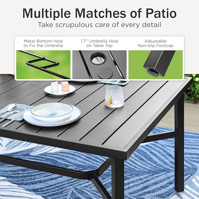 PHI VILLA 9 Pieces Outdoor Dining Set for 8, Large Rectangular Metal Table with Umbrella Hole & Stackable Wrought Iron Chairs, Dining Furniture for Patio, Deck, Yard, Porch