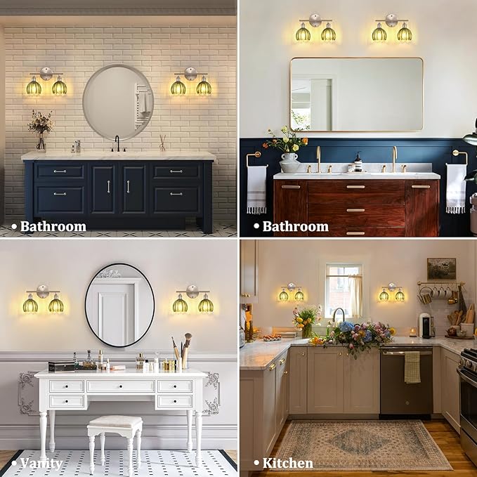 Bathroom Light Fixtures, 2-Light Vanity Wall Light Over Mirror with Green Tulip Glass Shade for Bedroom Living Room, Satin Nickel