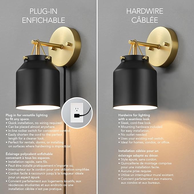 GLOBE Electric 65000102 1-Light Plug-in or Hardwire Wall Sconce, Matte Black, Matte Brass Accents, 6ft Black Braided Fabric Cord, in-Line Rocker Switch, Wall Lights for Living Room