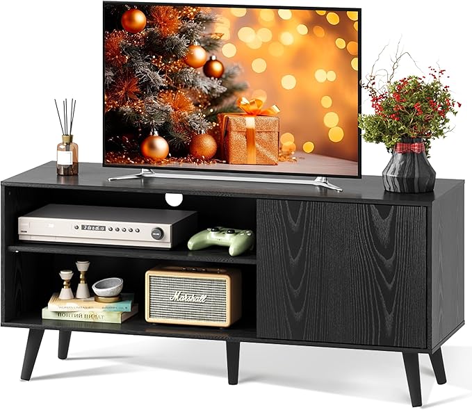 WLIVE TV Stand for 55 Inch TVs, Entertainment Center with Storage Cabinet, Mid-Century TV Stands for Living Room and Bedroom, 50" TV Console, Black