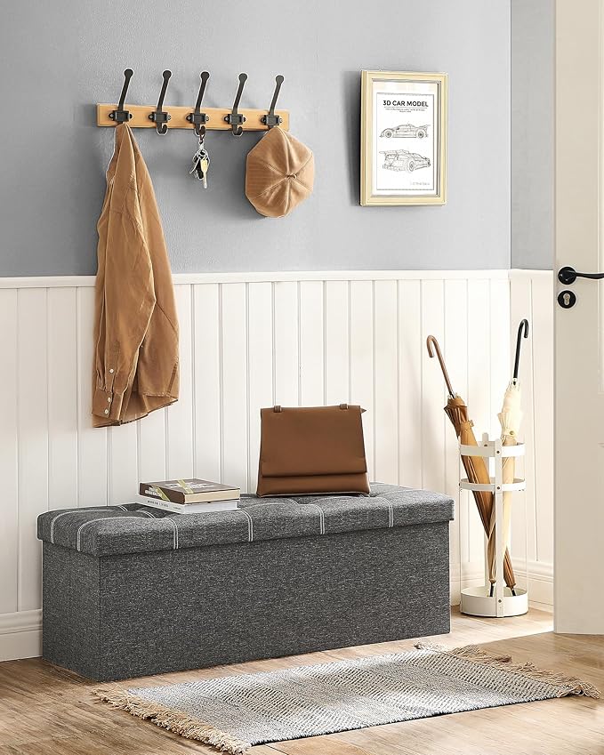 SONGMICS Mazie Collection - 43 Inches Ottoman Storage Bench, 35 Gal. Folding Chest with Breathable Linen-Look Fabric, Load up to 660 lb, for Entryway, Living Room, Bedroom, Dark Gray ULSF077G04