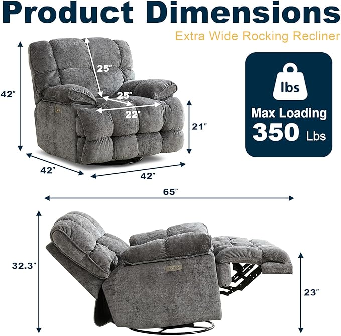 GINGO Power Oversized Recliner Chair, Extra Wide Swivel Rocking Recliner Chair, Breathable Soft Fabric Modern Single Sofa for Living Room, 90°-140° Electric Adjustable Angle, USB & Type-C Port, Gray