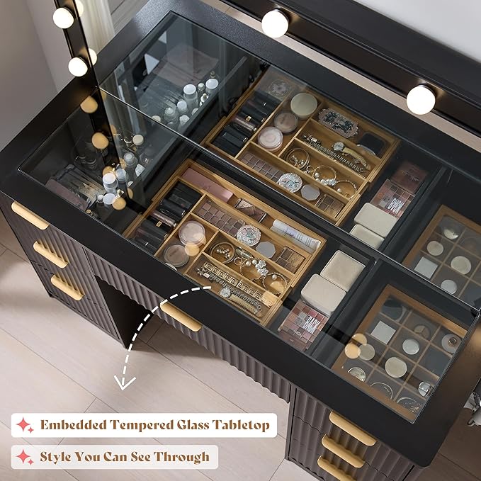 AMERLIFE 47.2" Fluted Vanity Desk with Large Mirror and Adjustable LED Lights, 7 Drawers Makeup Table with Glass Top and Charging Station for Women and Girls, Bedroom or Dorm, Black