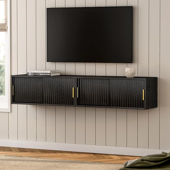 Fluted Floating TV Stand Set of 2, 30" Multi-Purpose Modern TV Display Shelf Console Entertainment Center Cabinet with Sliding Doors for Bedroom Living Room Entryway, Black