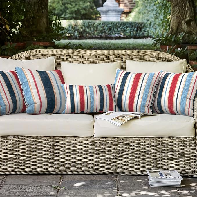 LVTXIII Outdoor Throw Pillows 20x20 Patio Waterproof Square Pillows with Piping Fade Resistant Accent Pillow for Spring Summer Garden Decoration, Set of 2, Stripe Red Blue