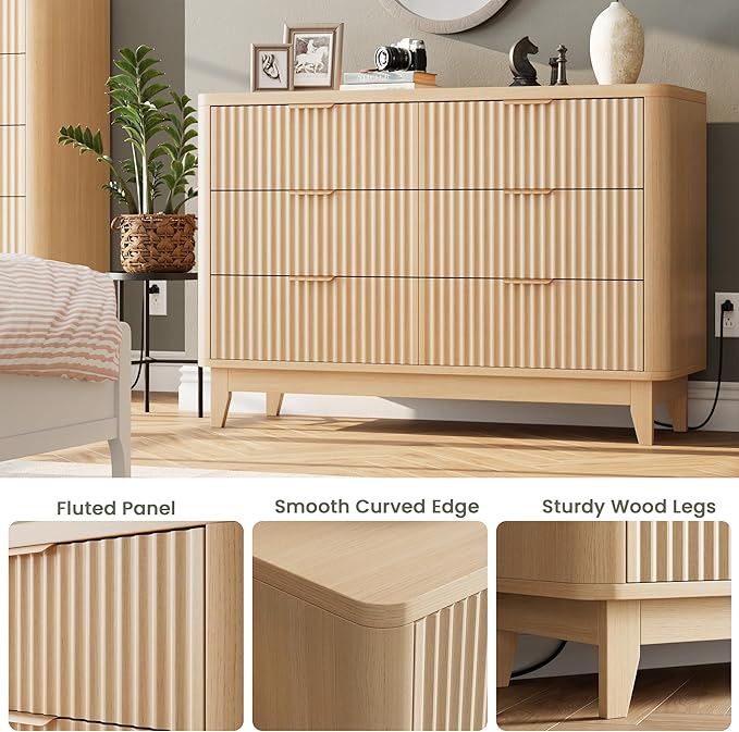 HAIOOU Fluted 6 Drawer Dresser with Power Outlet, 47.2” Wide Modern Chest of Drawers, Curved Profile Design Wooden Dresser for Bedroom, Clothing Storage Organizer TV Stand for Closet - Natural Oak